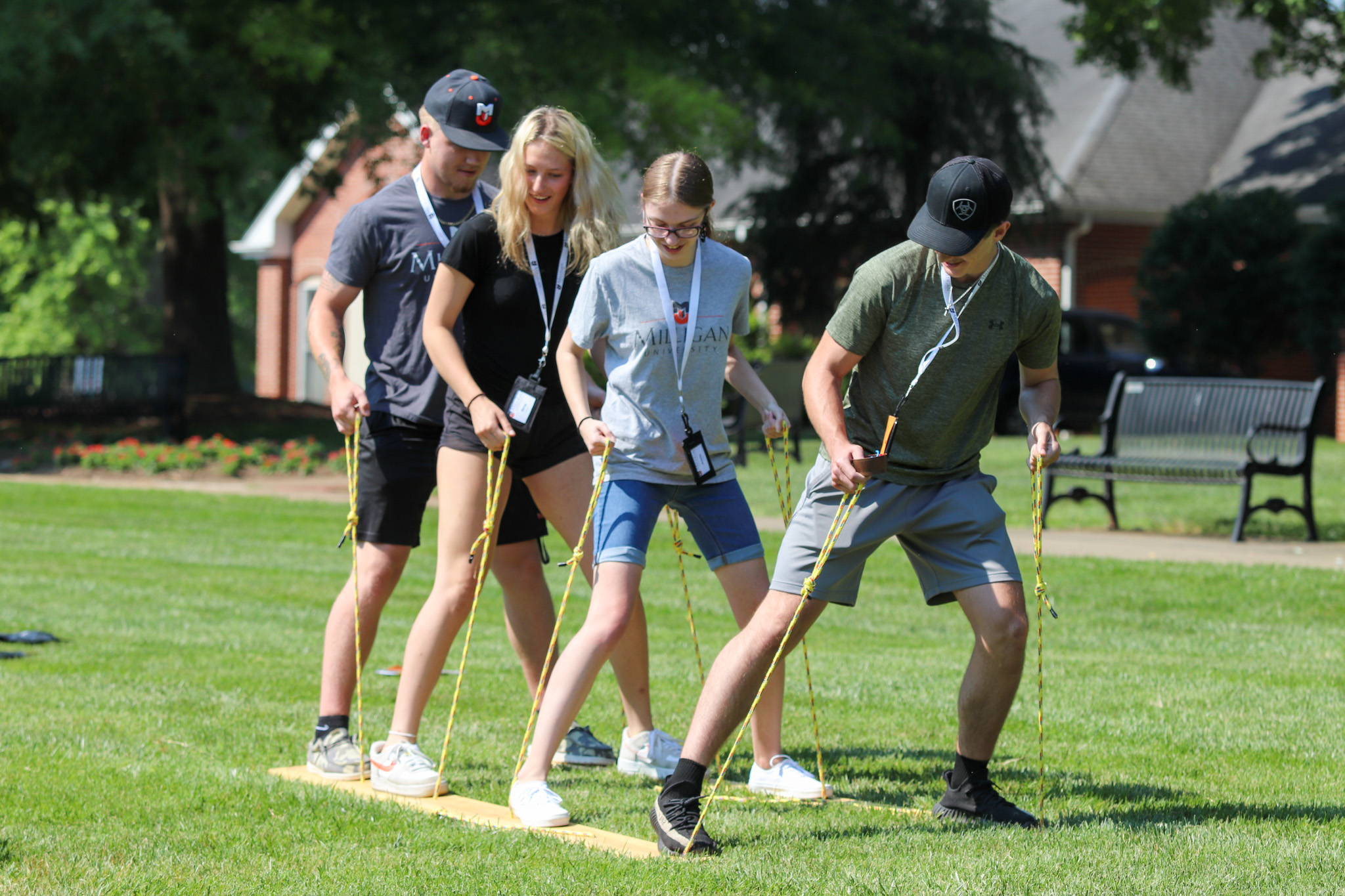 Students participate in a team building exercise during connections orientation