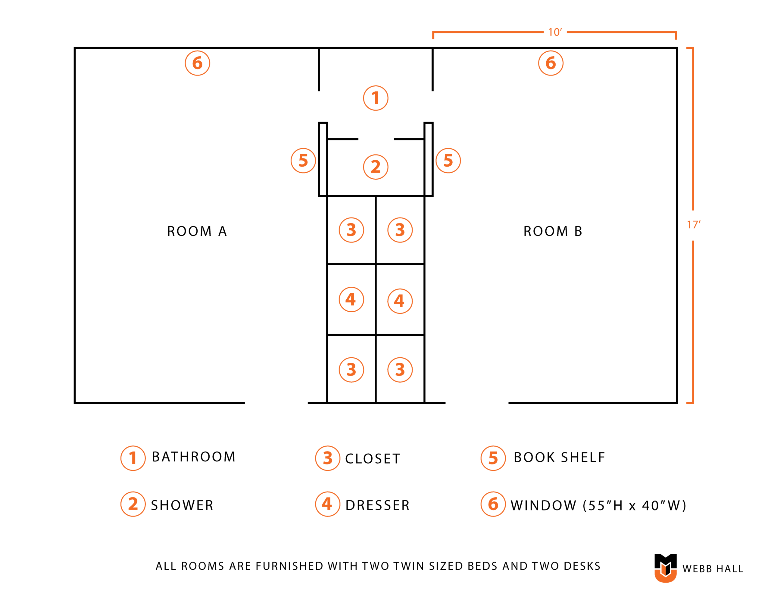 Webb Hall Suite Layout Webb Hall Suites feature two rooms with a connecting bath. The dorm also has a large lobby and recreation room for community building.