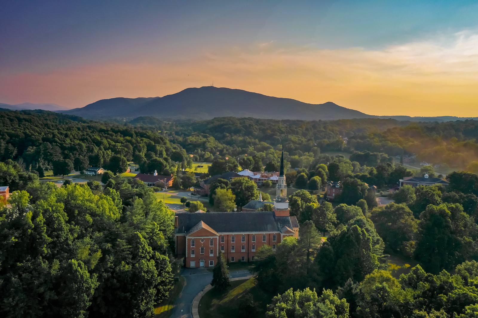 Seeger Chapel with the Blue Ridge Mountains in the background