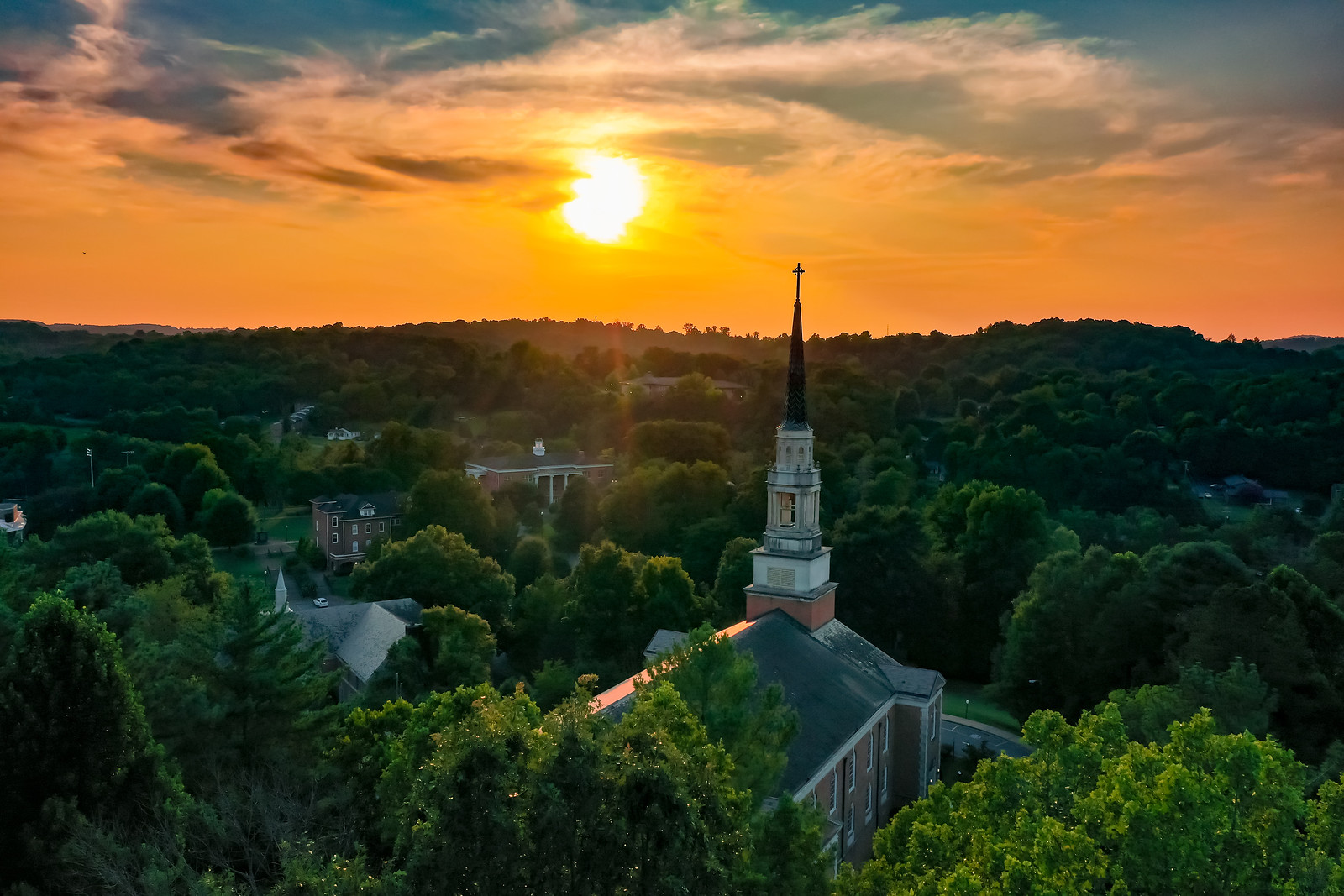 sunset behind Seeger Chapel and the mountain range