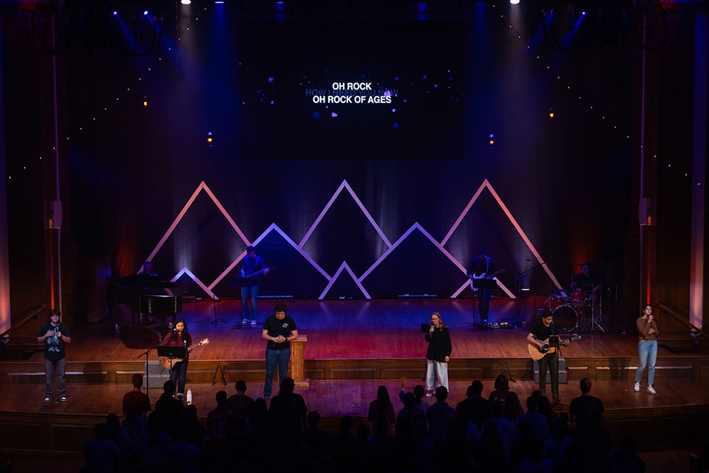 students lead worship during night chapel in Seeger Memorial Chapel